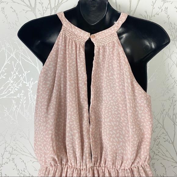 JAPNA Halter Style Fit and Flare Pleated Midi Dress Medium Pink White Vine Print - Picture 5 of 10